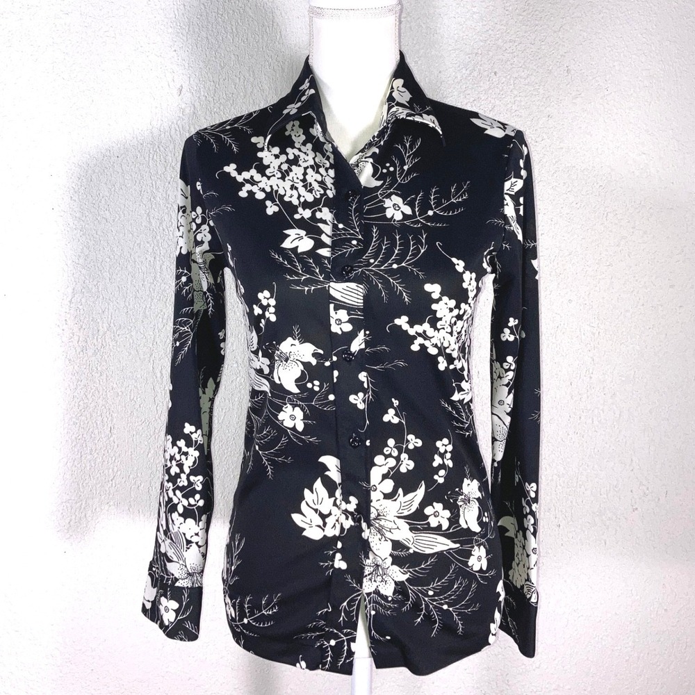 Vintage Black White Floral Button Front Blouse Long Sleeve Polyester Top 32